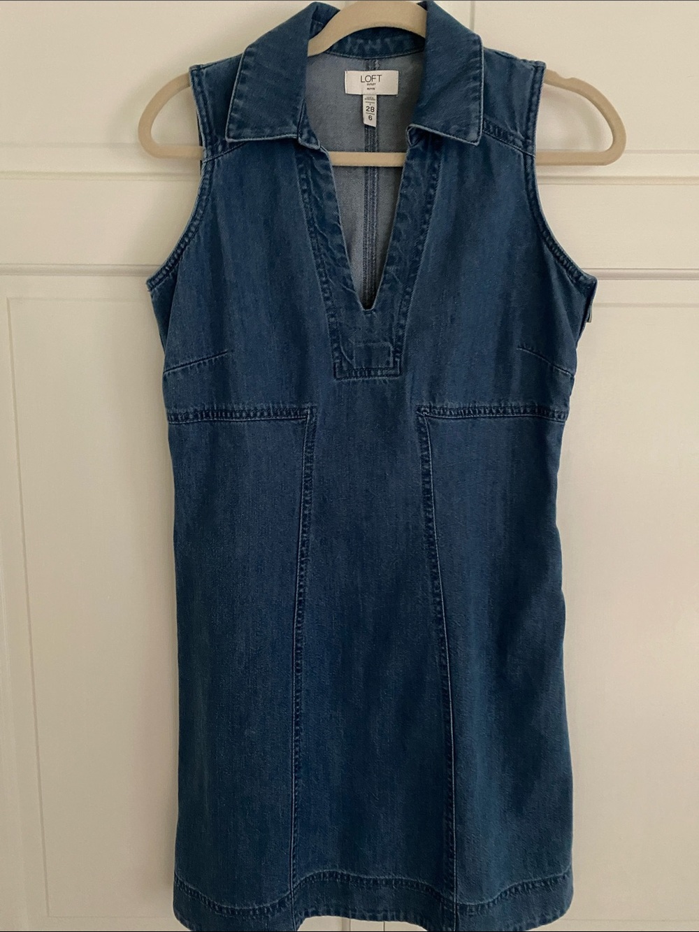 LOFT Dark Blue Sleeveless Denim Shift Dress with V-Neck Collar